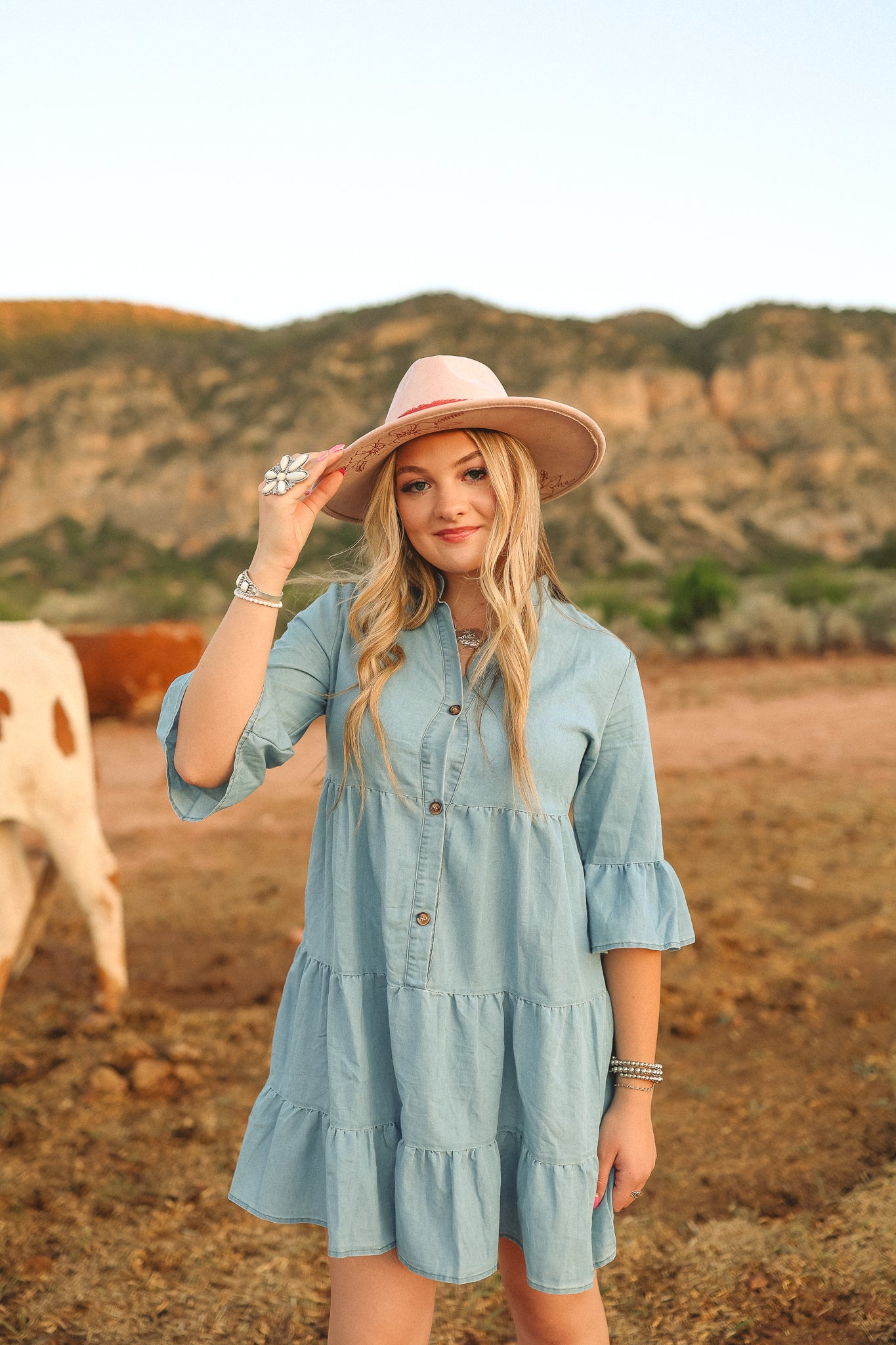 V NECK, HALF SLEEVE, WASHED DENIM DRESS