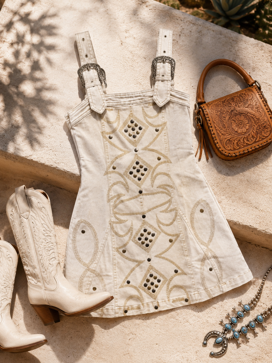 Ivory Studded Denim Dress