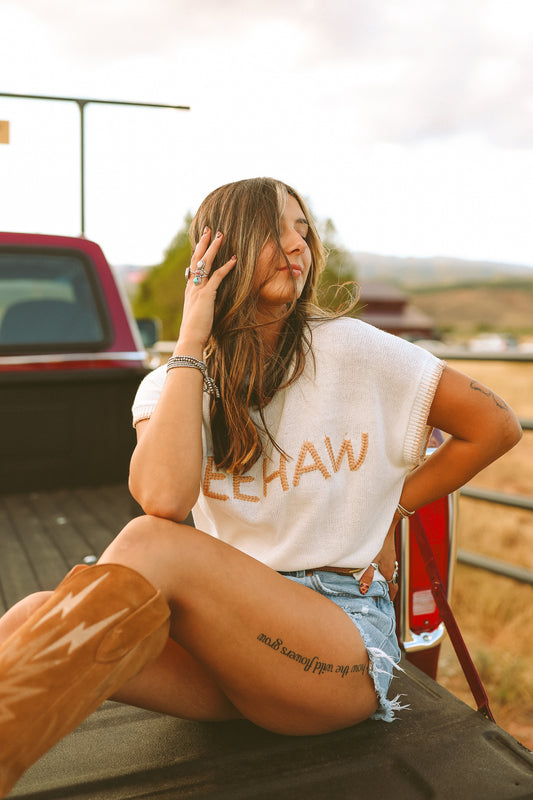 White Knitted YEEHAW Stitch Edge Crew Neck Sweater T Shirt