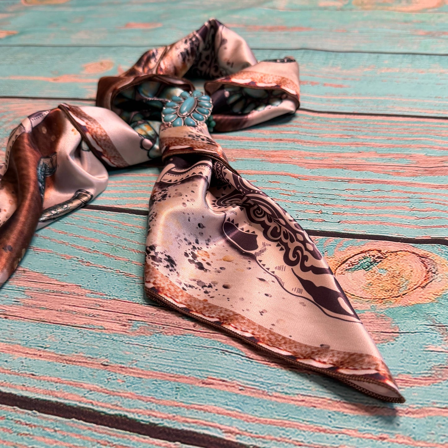 Western Longhorn Turquoise Silk Wild Rag 36 x 36