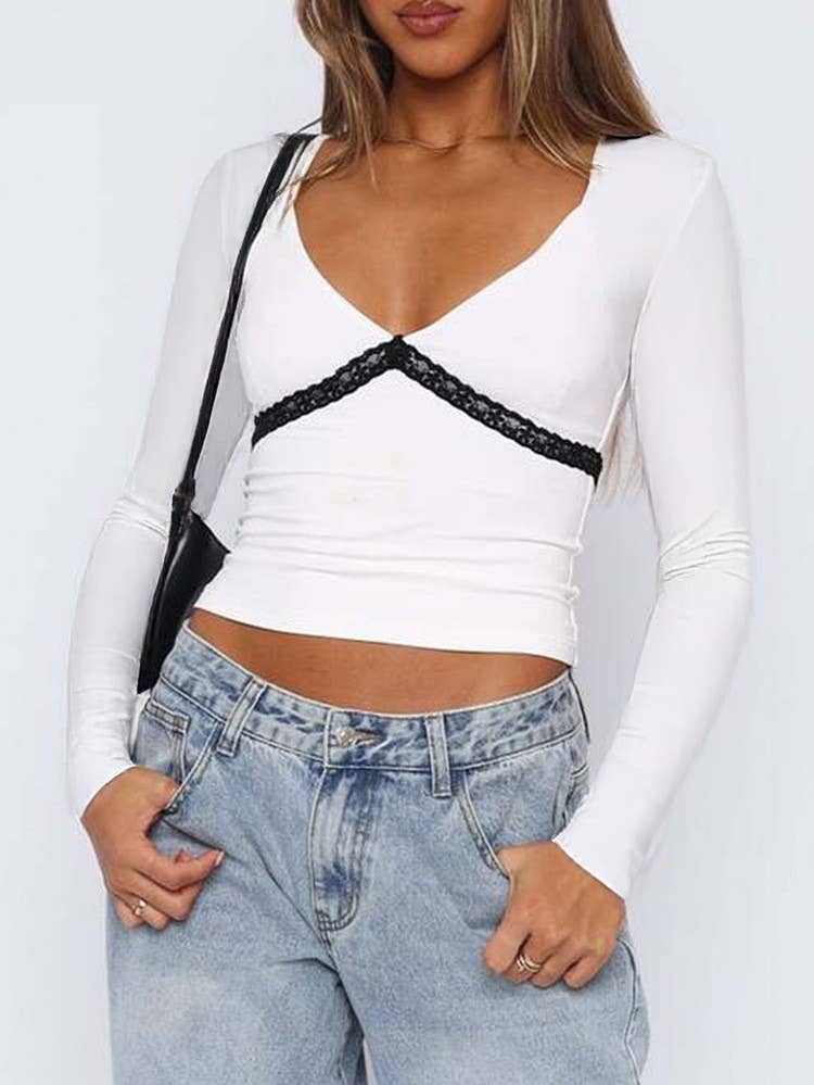 Deep V Lace Long Sleeve Top