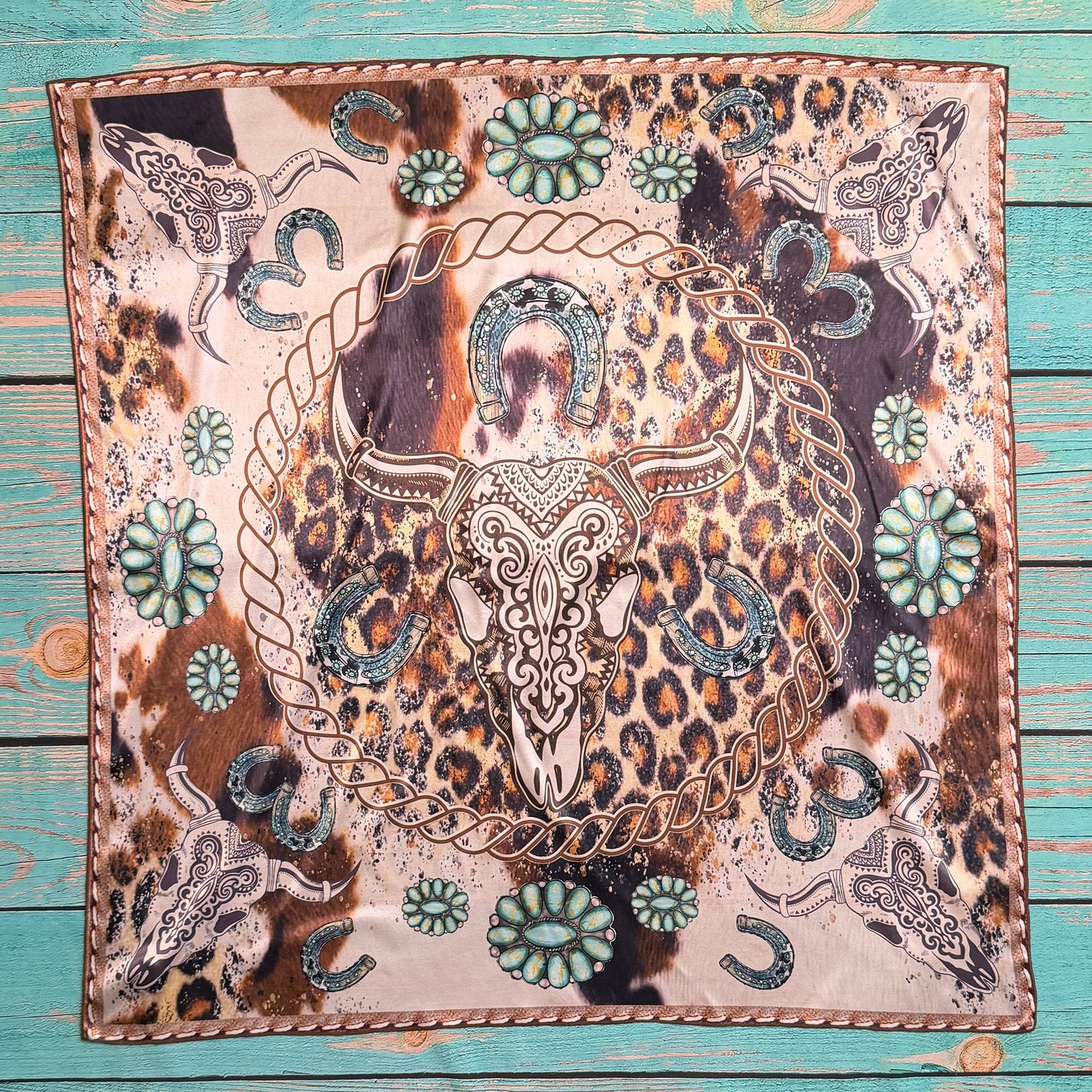 Western Longhorn Turquoise Silk Wild Rag 36 x 36