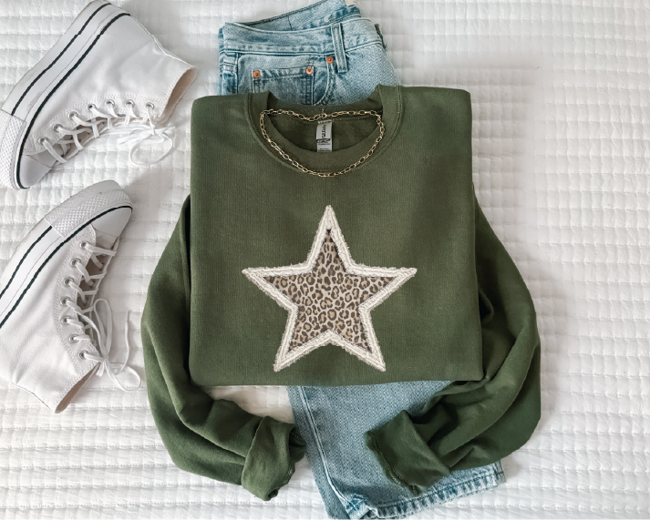 Faux stitch leopard star crewneck:  Military Green