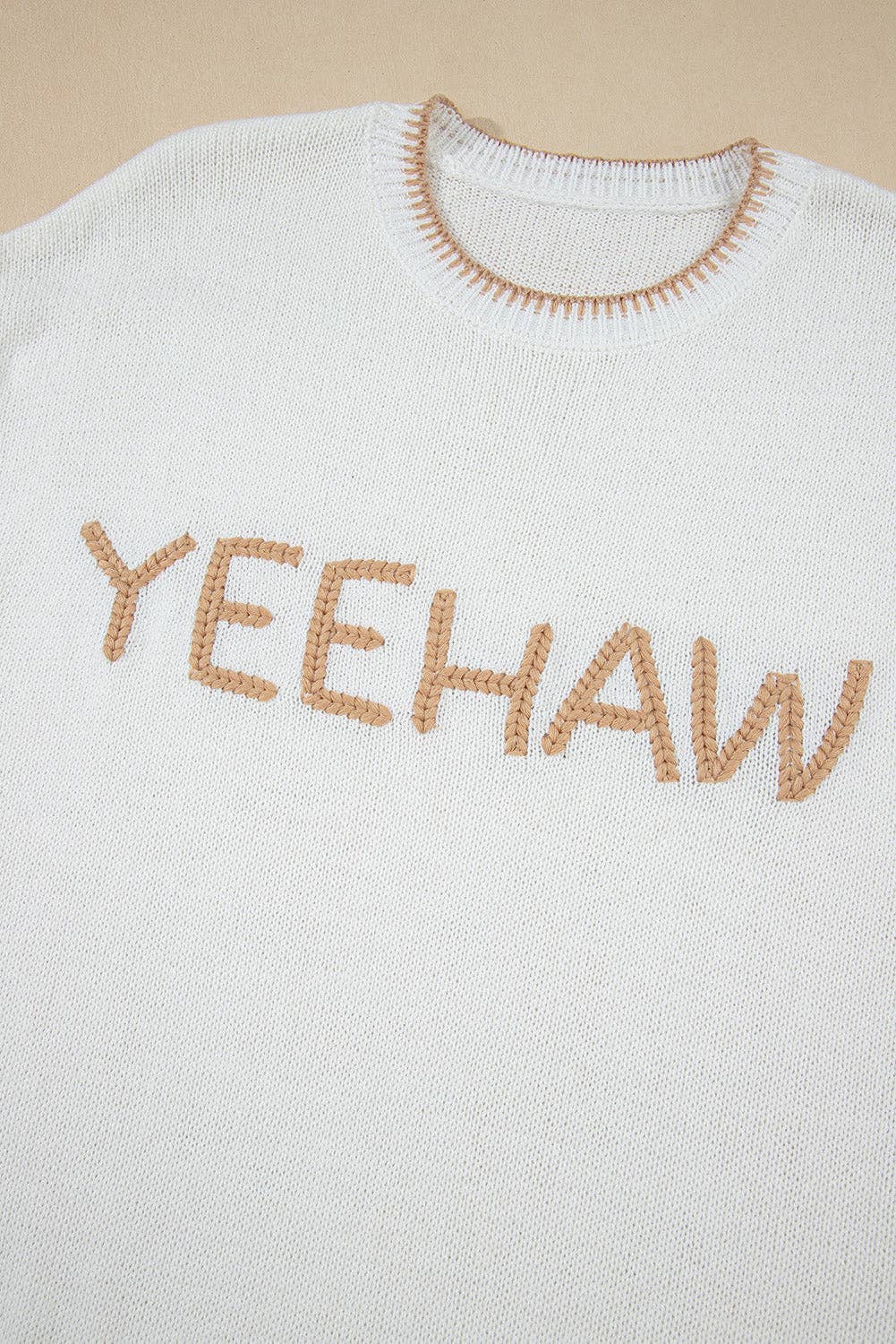 White Knitted YEEHAW Stitch Edge Crew Neck Sweater T Shirt