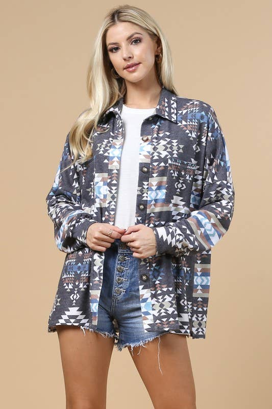 AV1162-VICTORIA GEO PRINT BUTTON DOWN SHACKET