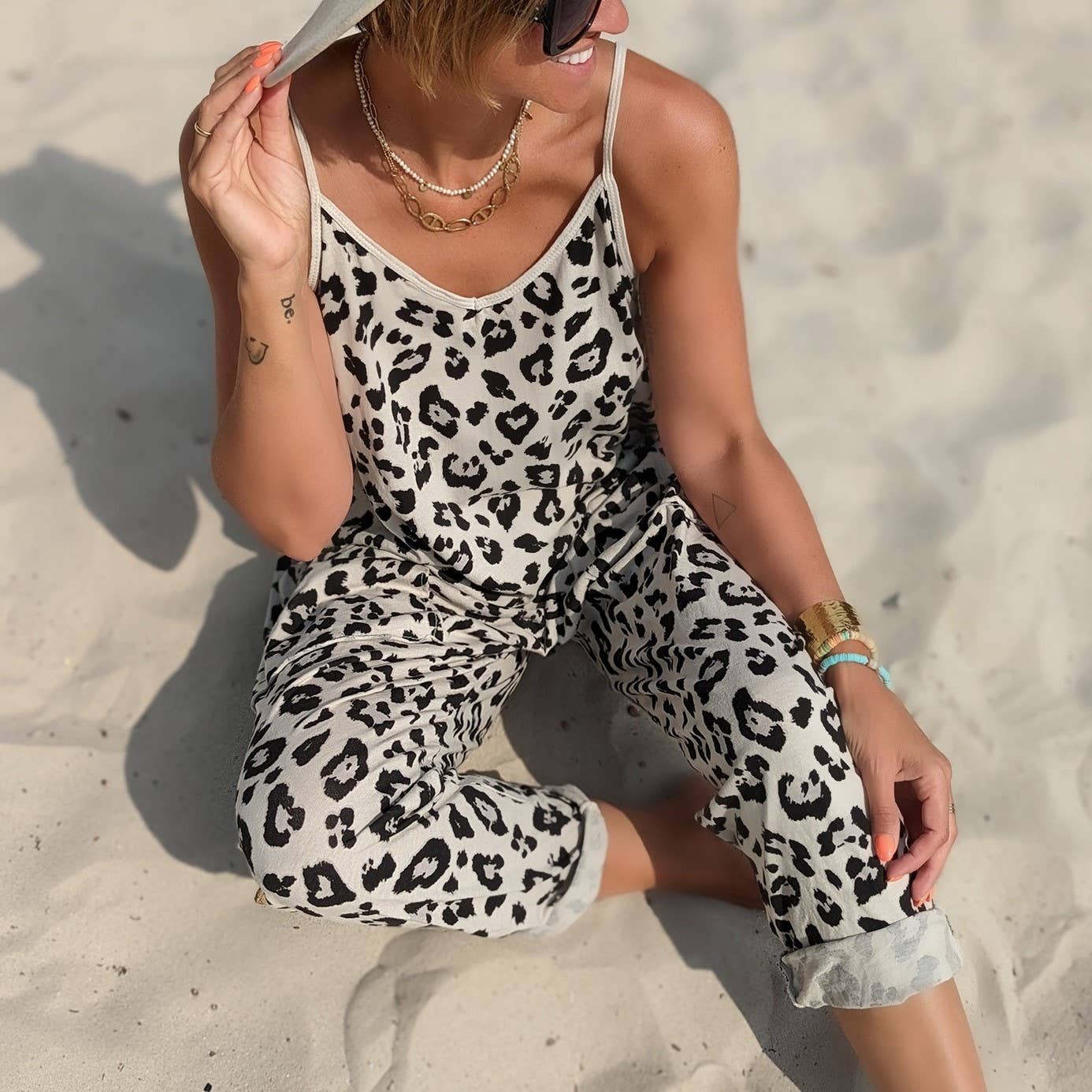 Thin Leopard Print Loose Casual Slip Jumpsuit