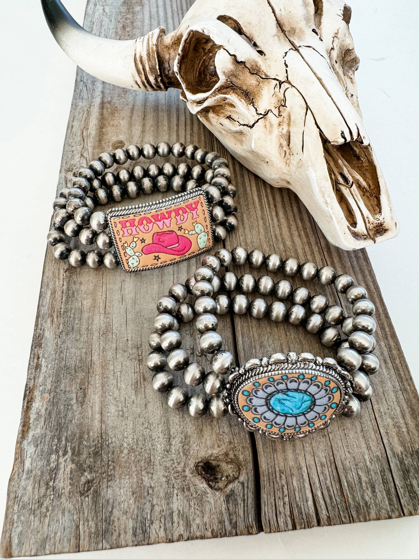Western Navajo Style Pearl Stone Stretch Pendant Bracelet 