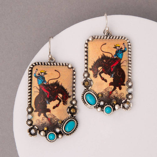 Turquoise Crystal Embellished Tooled Leather Cowboy Earrings