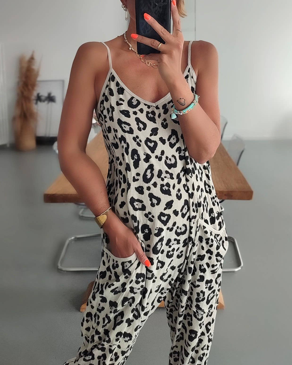 Thin Leopard Print Loose Casual Slip Jumpsuit