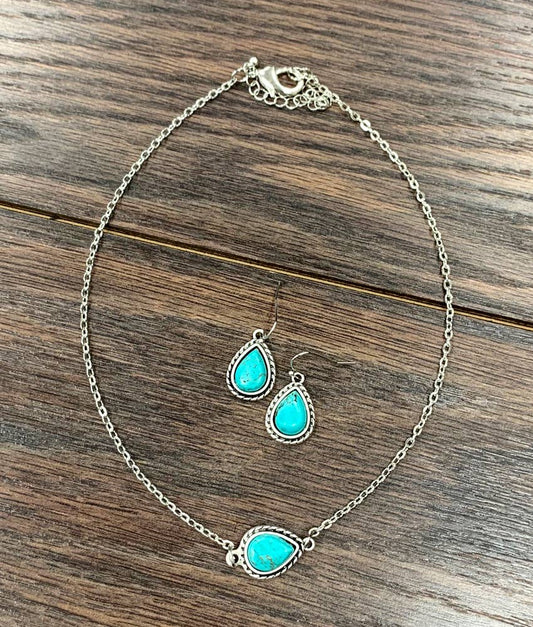 16" Drop Turquoise Necklace Earrings Set