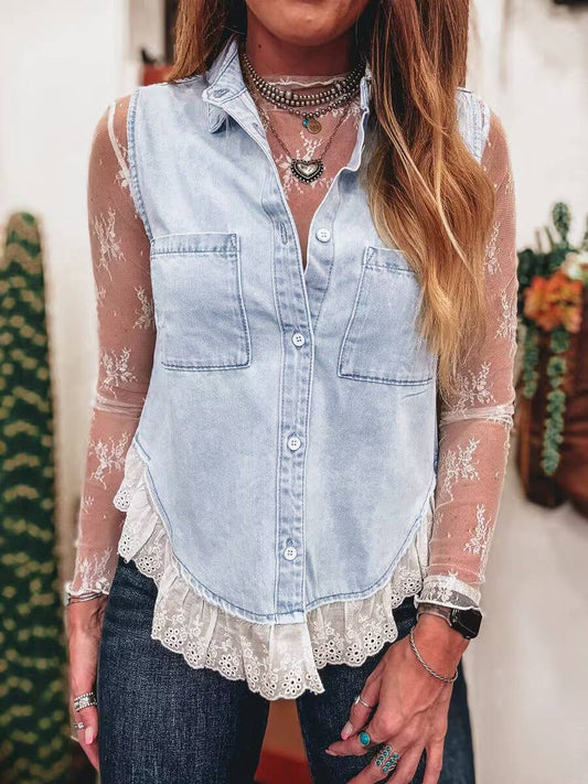 Denim Retro Western Patchwork Lace Hem Vest