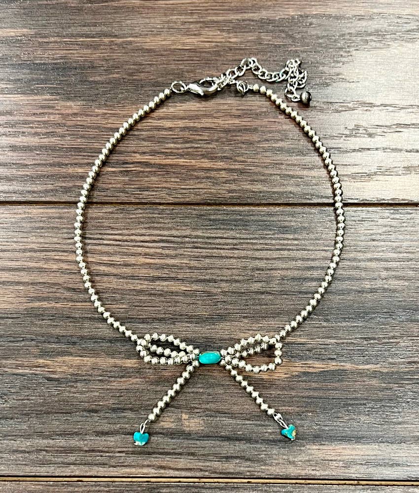 Handmade Bow, 15" 4mm Silver Navajo Bead Necklace