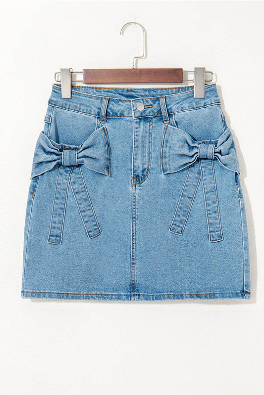 Denim Bow Pocketed High Waist Skirt