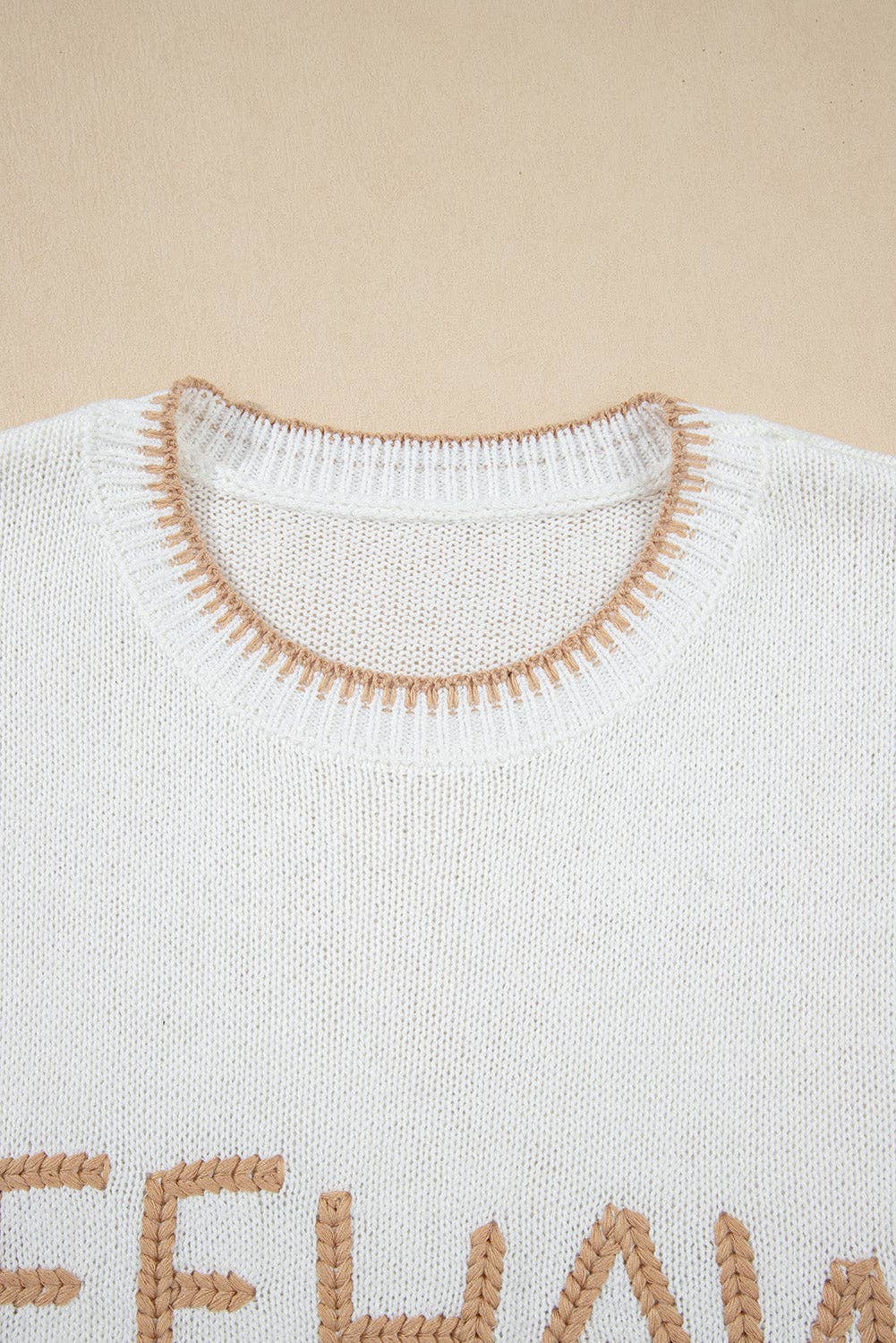 White Knitted YEEHAW Stitch Edge Crew Neck Sweater T Shirt