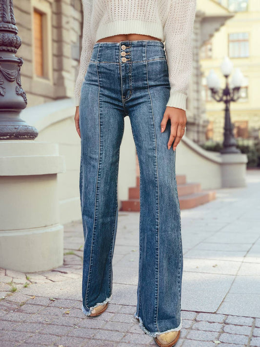 Triple button, high waist, raw hemmed jeans