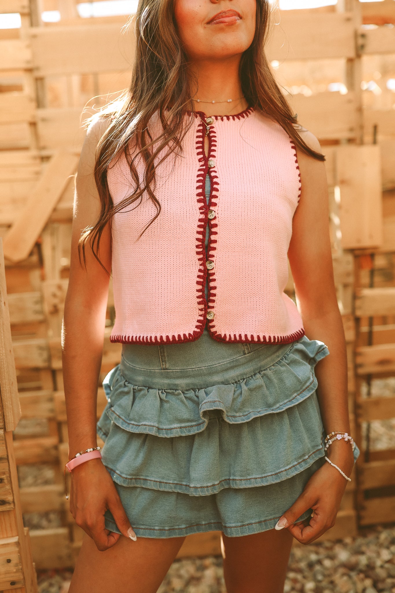 Colorblock Knit Crop Top With Embroidered Vest