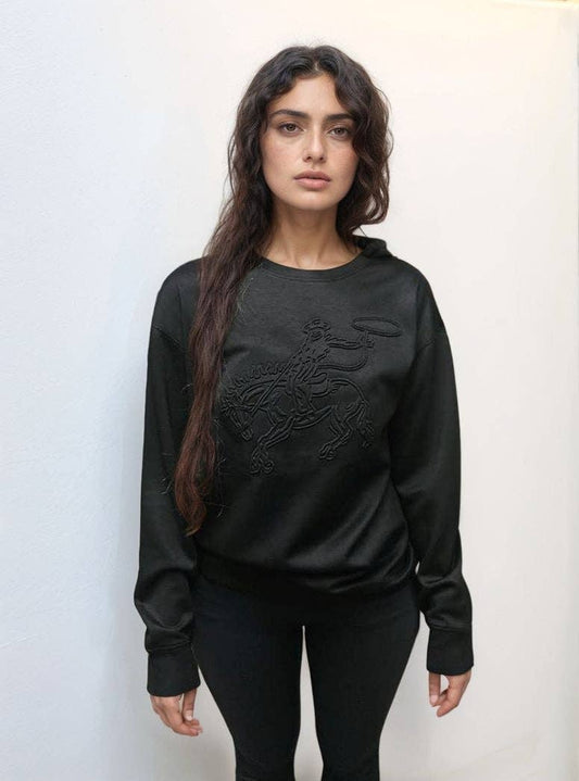 Rich, Black Buckin' Horse Embossed Sweatshirt