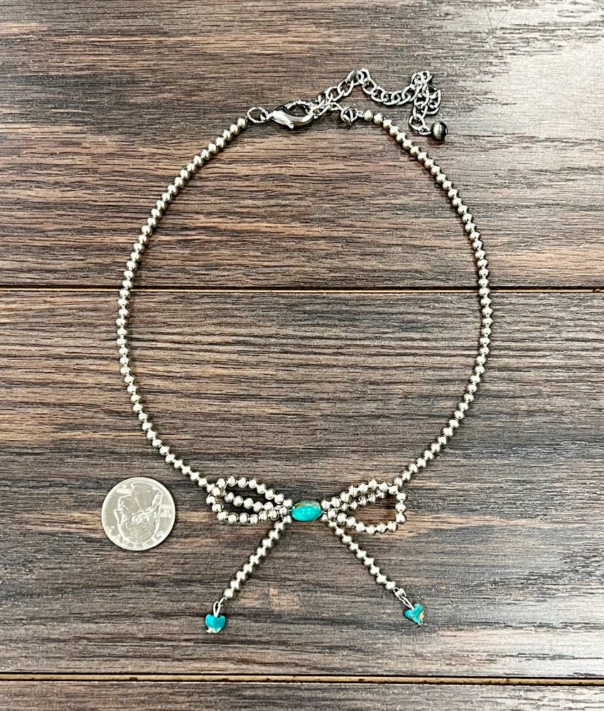 Handmade Bow, 15" 4mm Silver Navajo Bead Necklace