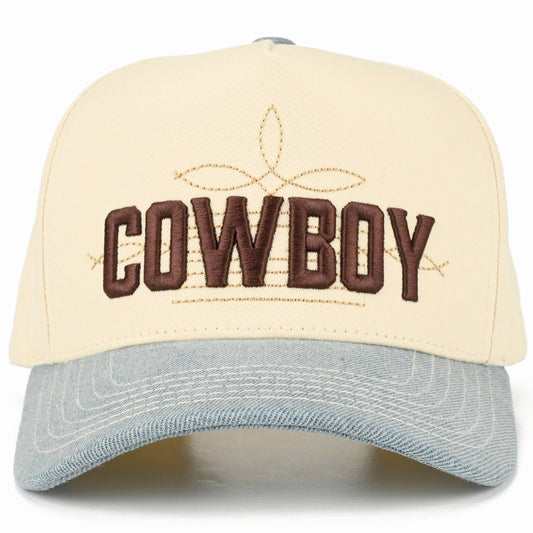 COWBOY Letter Embroidered on Two Tone Trucker Hat: Denim