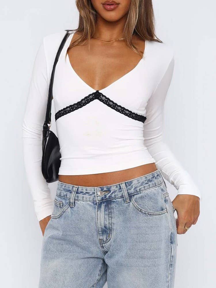 Deep V Lace Long Sleeve Top