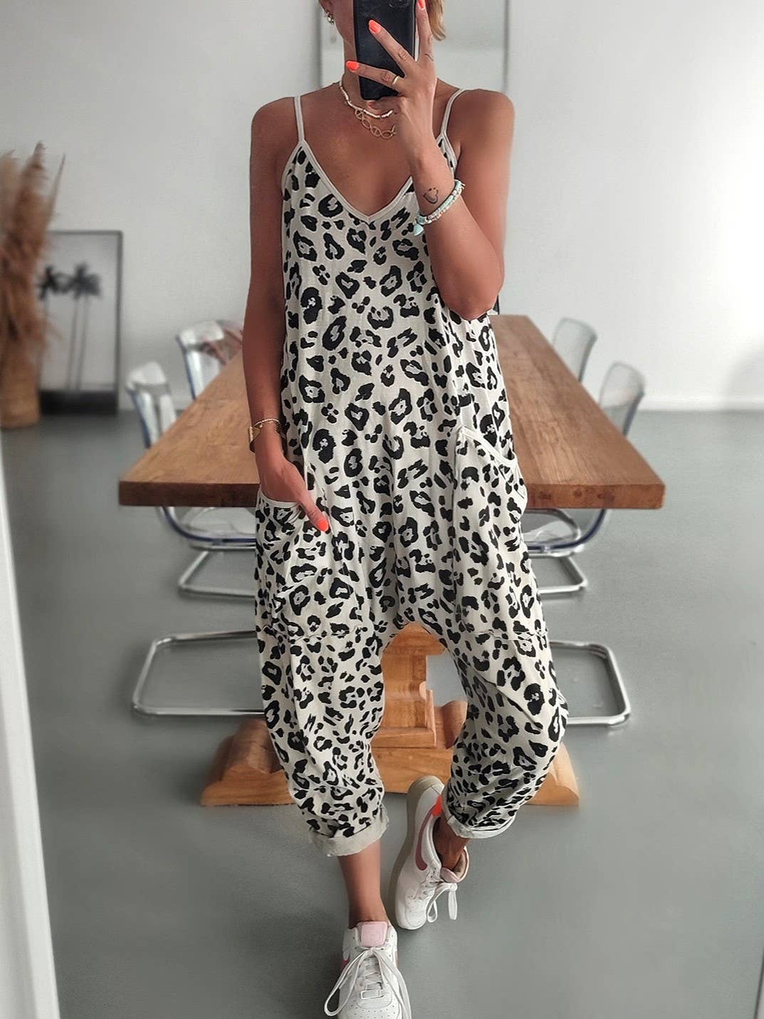 Thin Leopard Print Loose Casual Slip Jumpsuit
