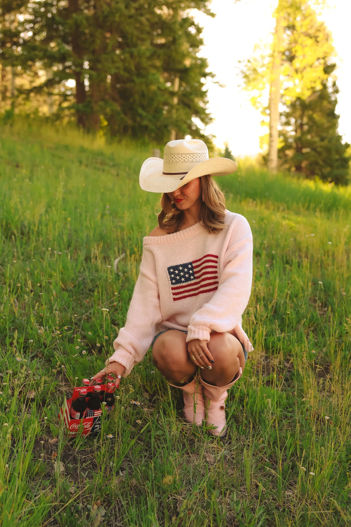 American Flag Knit Off The Shoulder Sweater