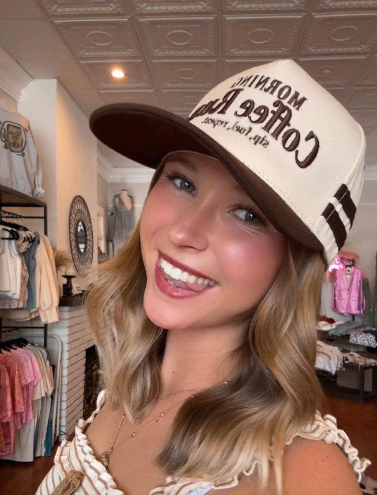 MORNING COFFEE RUN Letter Two Tone Trucker Hat