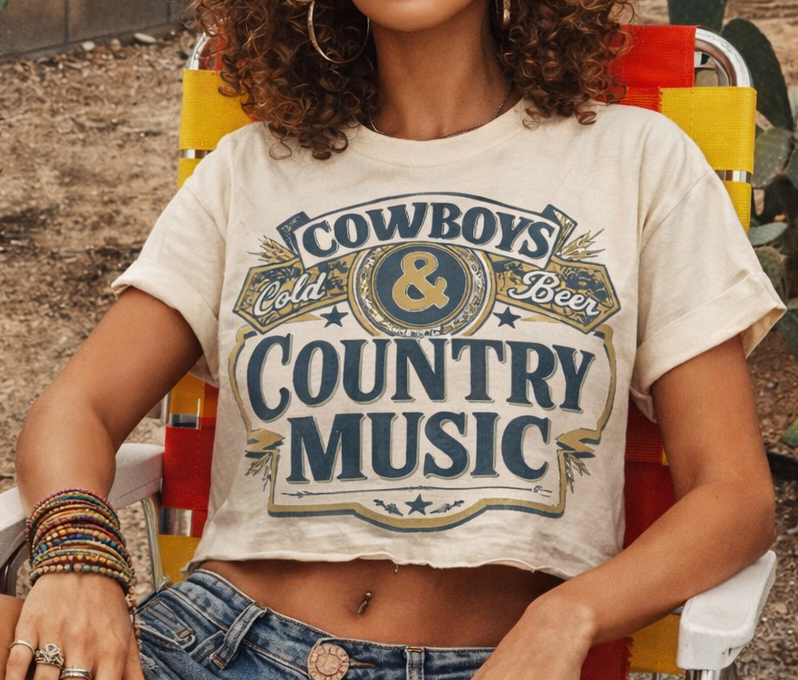 Cowboys, Cold Beer, and Country Music Relaxed Crop Tee Sizes S-L