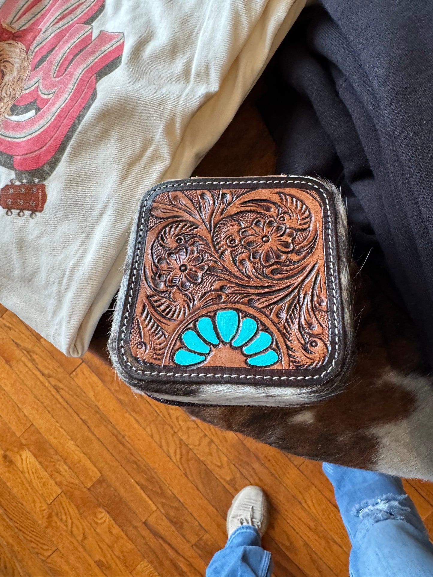 Turquoise tooled & cowhide jewelry box 