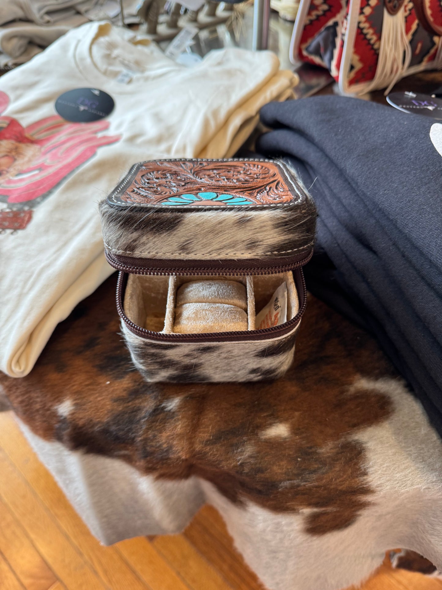 Turquoise tooled & cowhide jewelry box 
