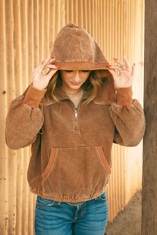 Half Zipper Drawstring Corduroy Hoodie