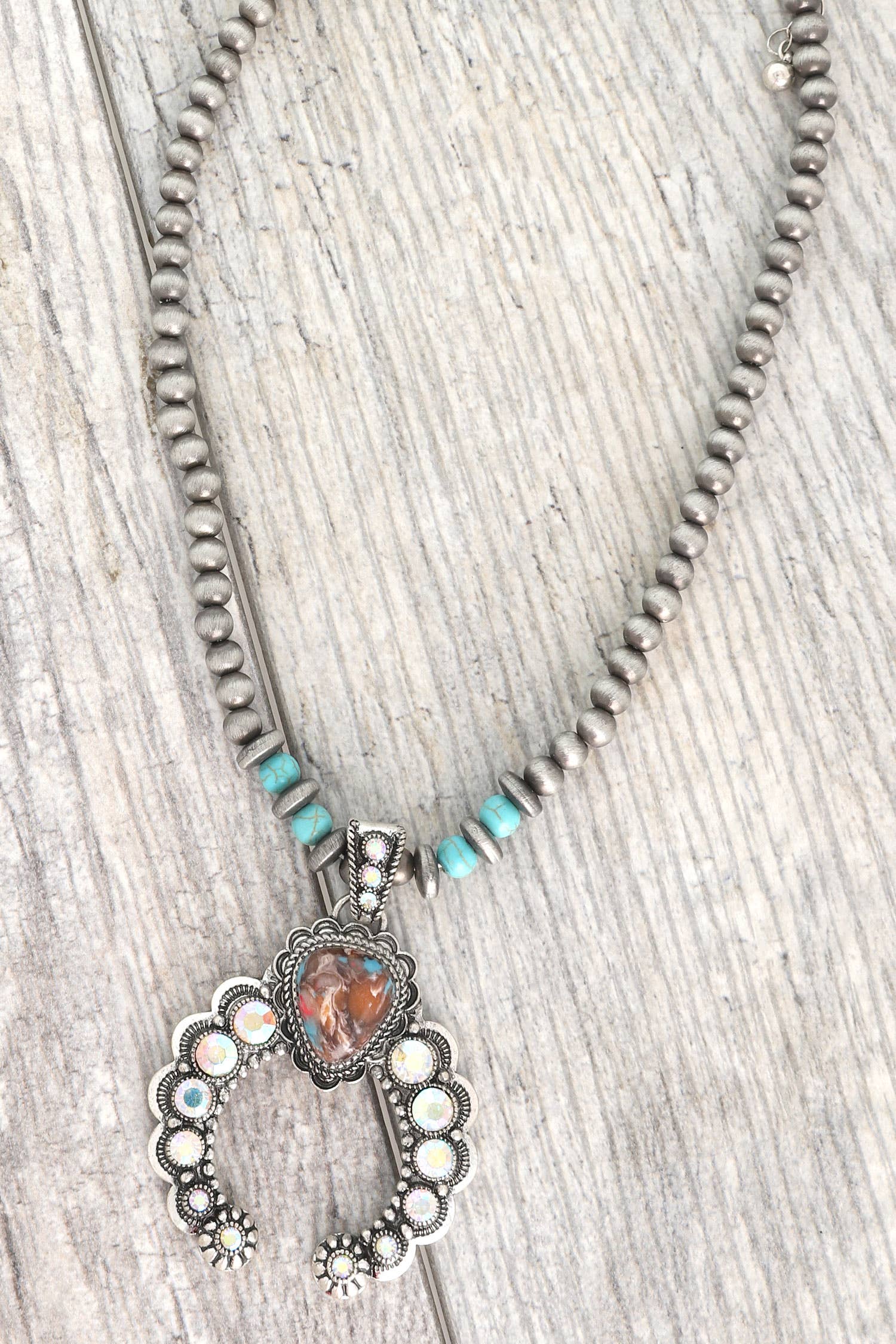 Western Navajo Pearl Necklace with Heart emblem and opalescent accents