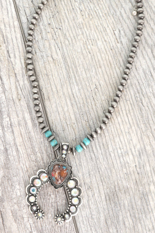 Western Navajo Pearl Necklace with Heart emblem and opalescent accents