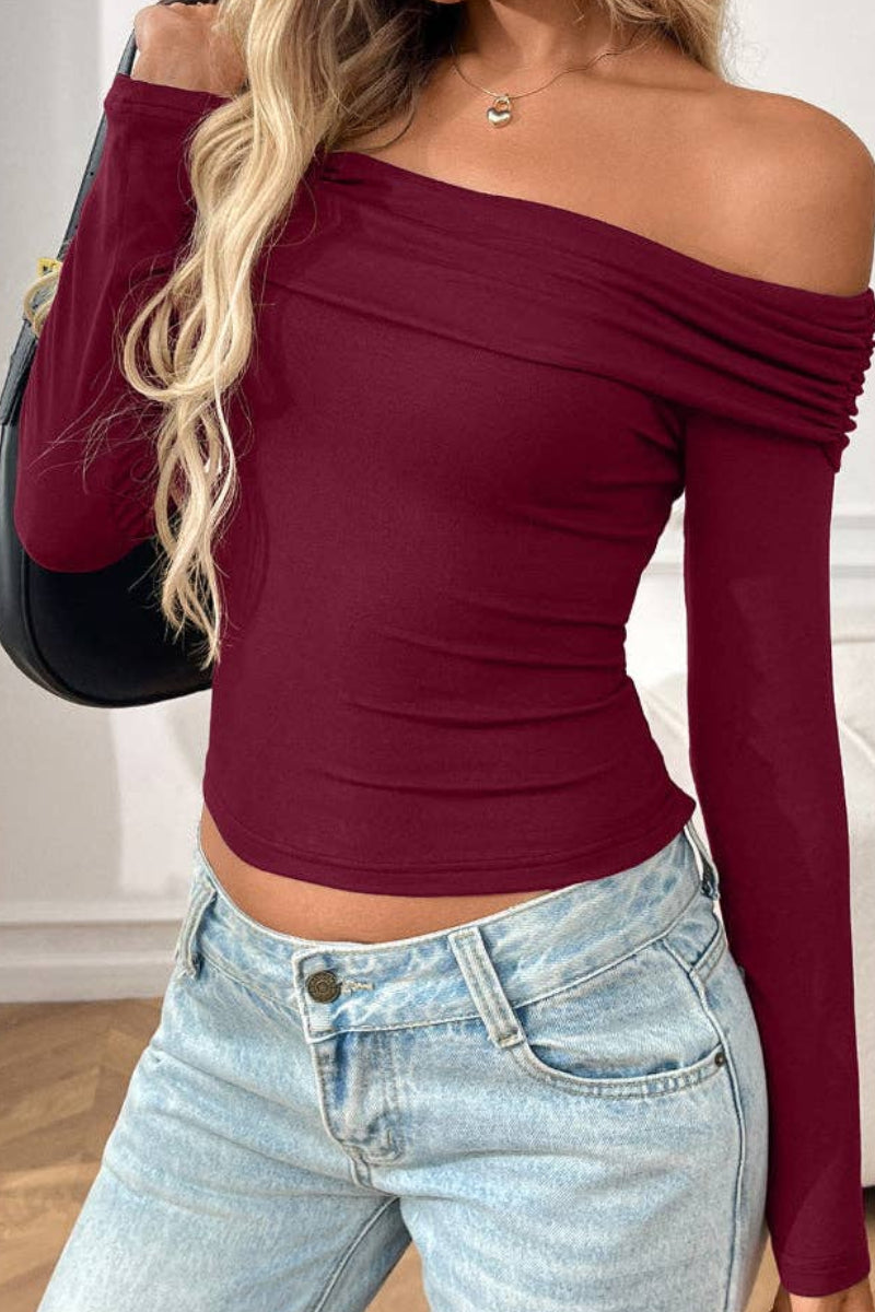 Off Shoulder Long Sleeve Slim Fit Knit Top