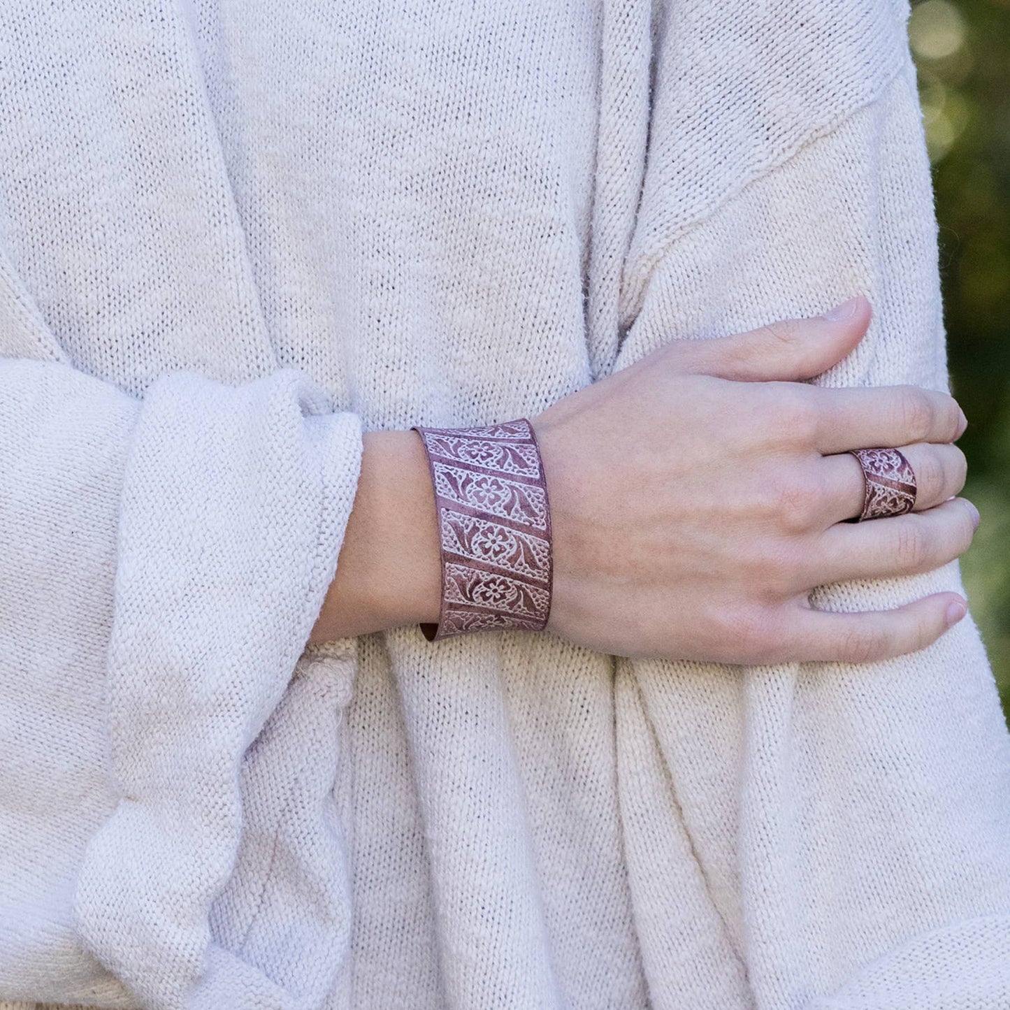 Copper Patina Bracelet - Cream Floral and Leaves