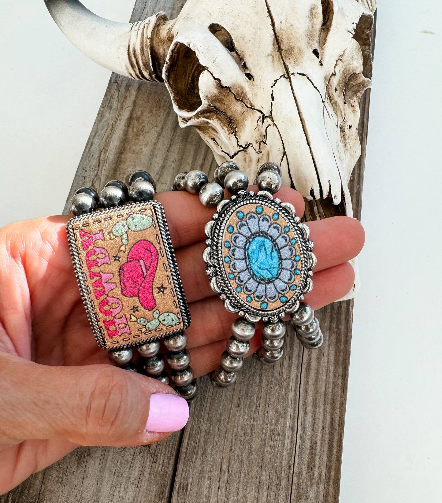 Western Navajo Style Pearl Stone Stretch Pendant Bracelet 