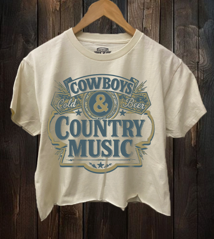 Cowboys, Cold Beer, and Country Music Relaxed Crop Tee Sizes S-L