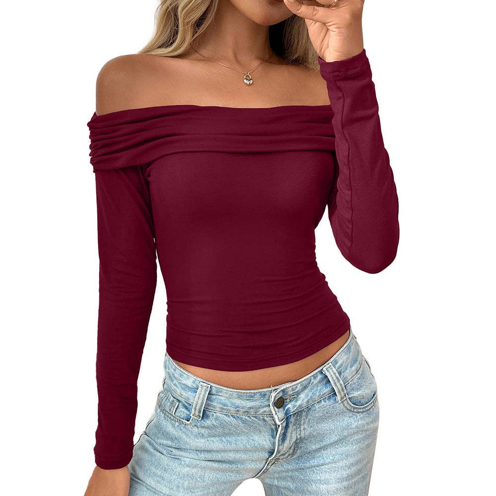 Off Shoulder Long Sleeve Slim Fit Knit Top