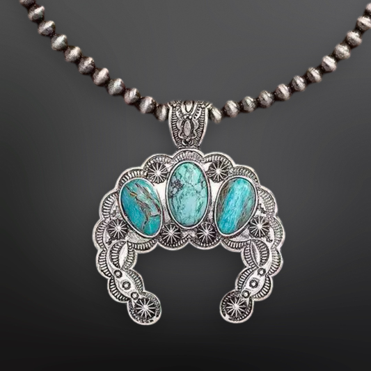 Faux Turquoise Squash Blossom Western Necklace