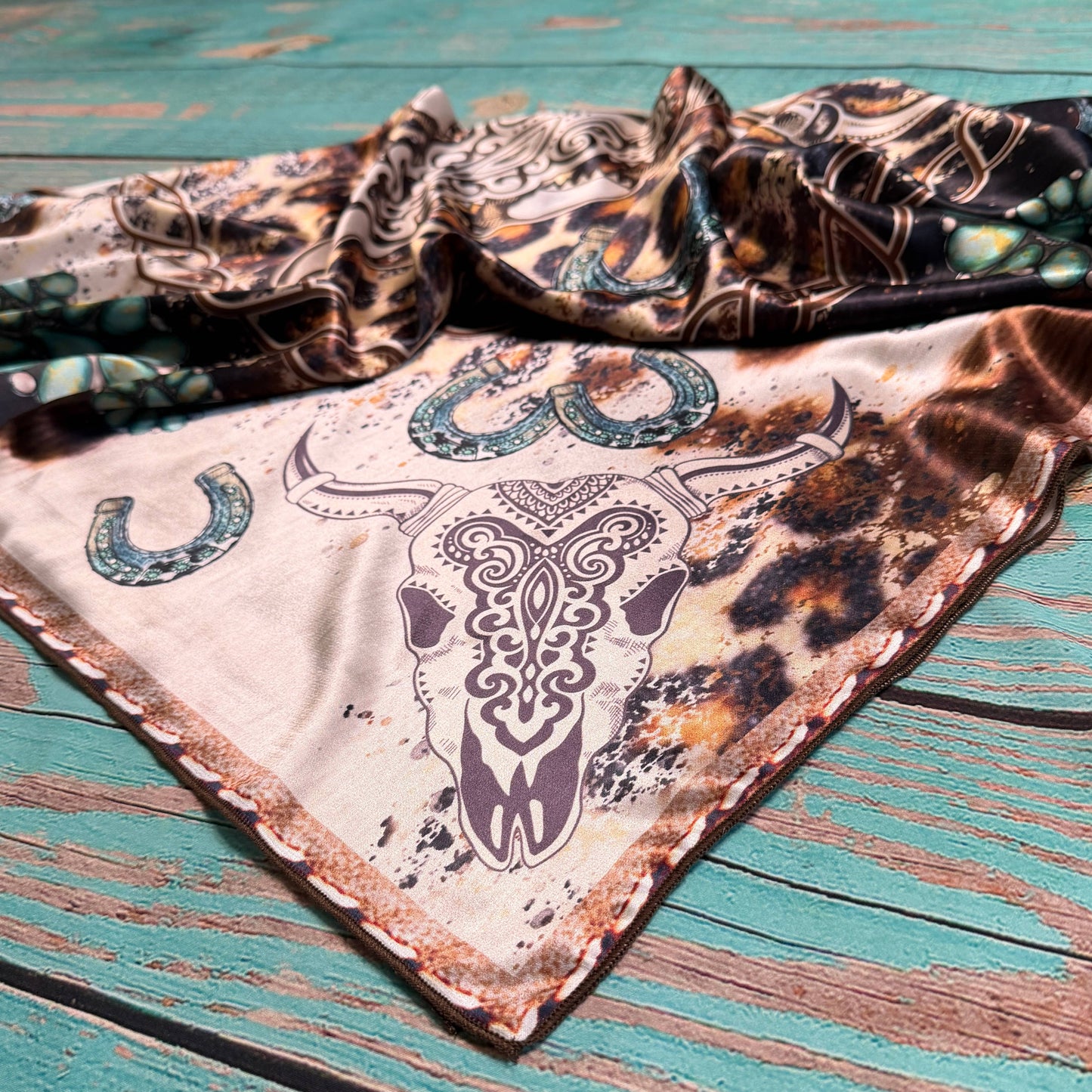 Western Longhorn Turquoise Silk Wild Rag 36 x 36