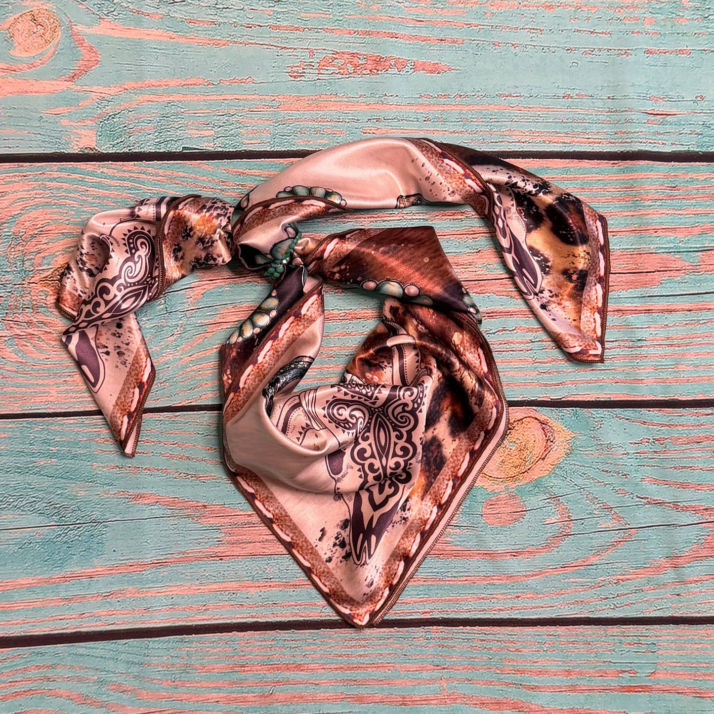 Western Longhorn Turquoise Silk Wild Rag 36 x 36
